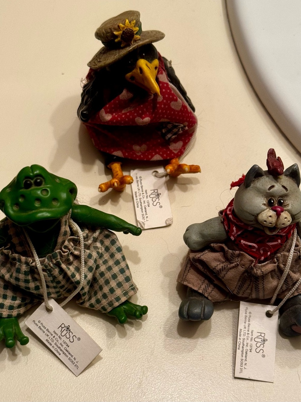 Russ Decorative Frog, Crow, & Cat Figurine Trio in Green, Black, & Gray